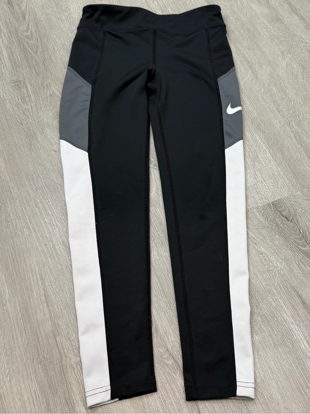 Nike Girls Small 6/7 Black Colorblock Leggings with White & Gray Panels